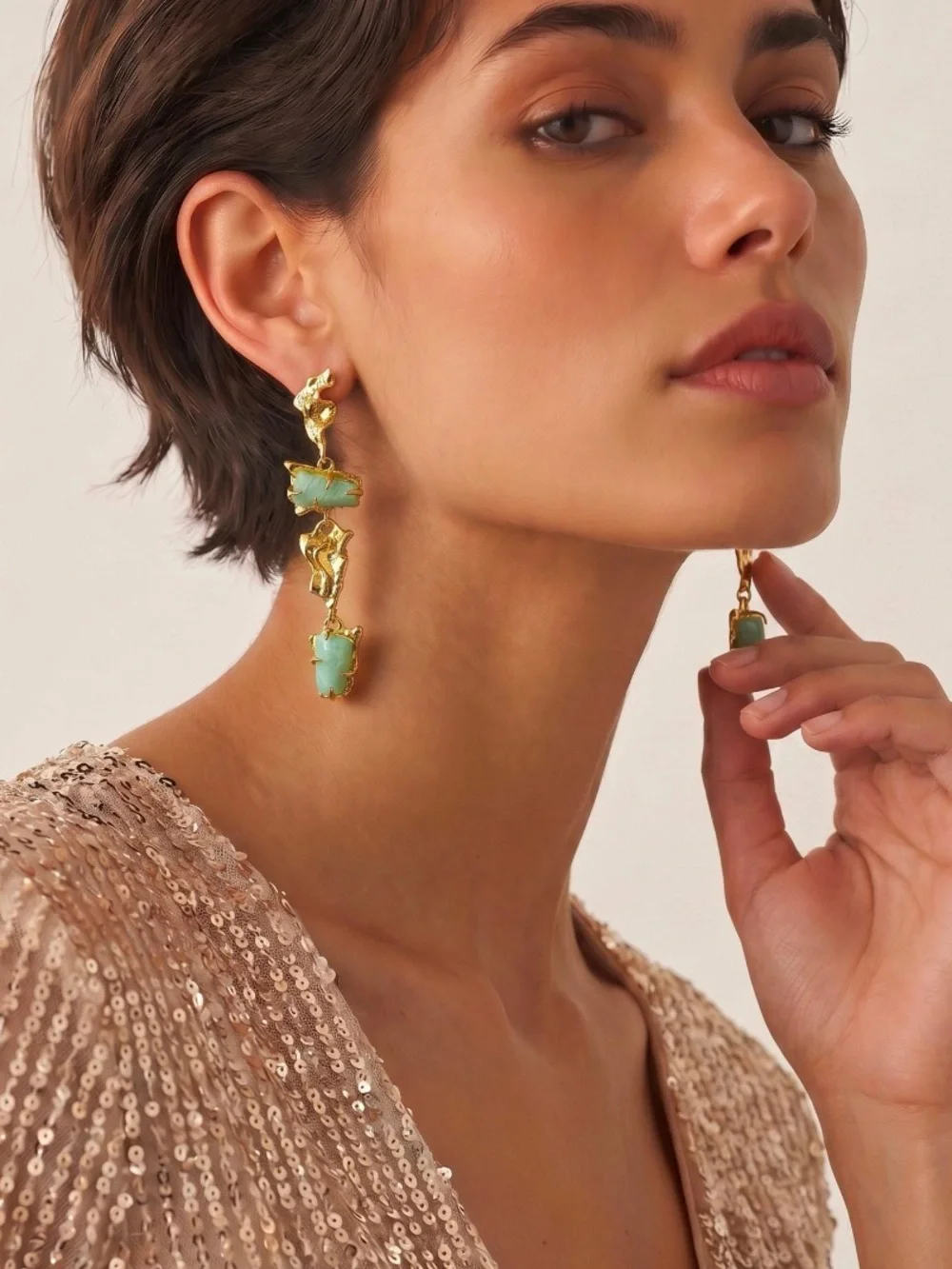 ALEXIS BITTAR • Brut Crumpled Gold Tumbled Green Blue Gemstone Drop Earrings